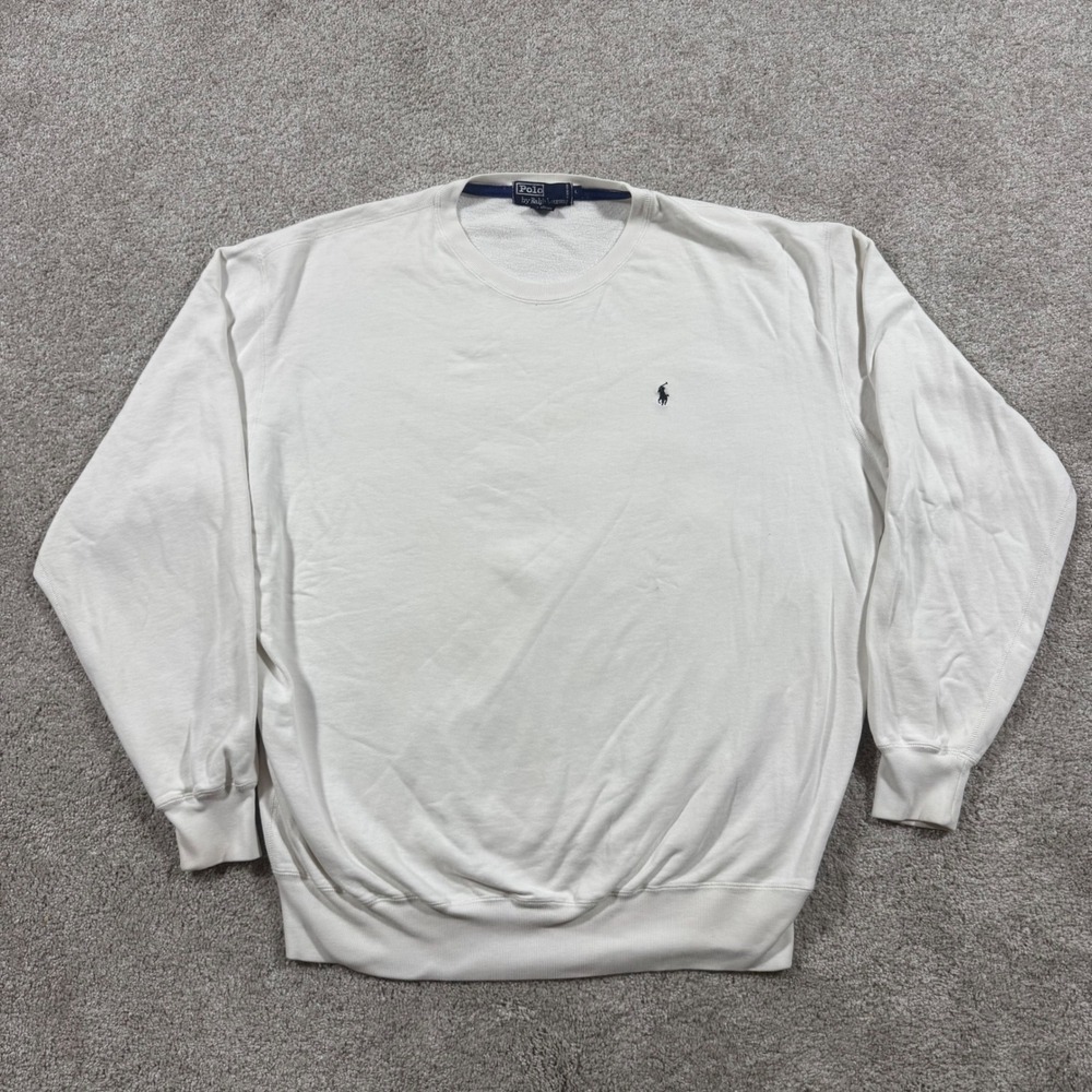 Polo Ralph Lauren Crewneck Sweatshirt Mens Large Cream White Navy Pony Logo